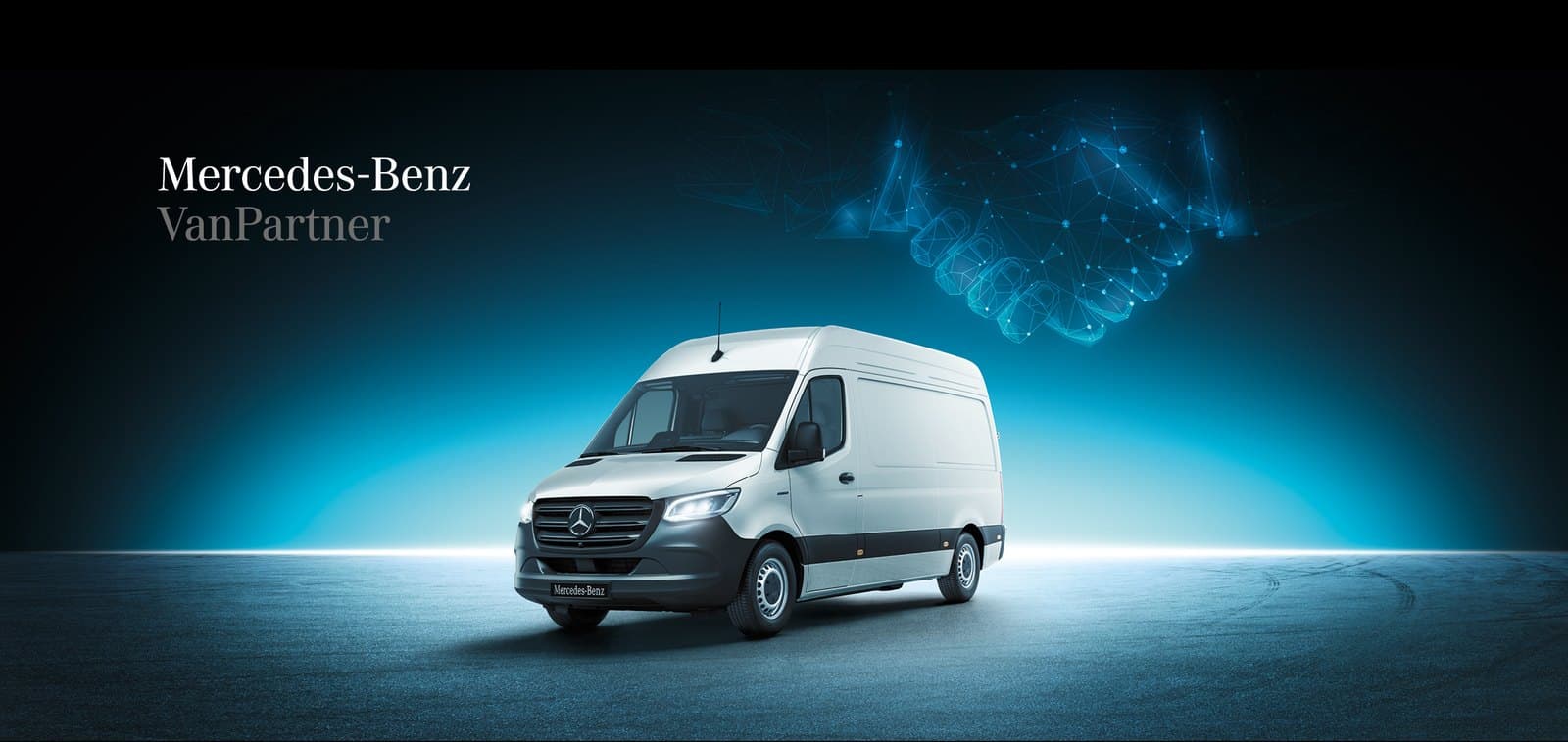 A white Mercedes-Benz Sprinter panel van on the Mercedes-Benz VanPartner programme artwork.