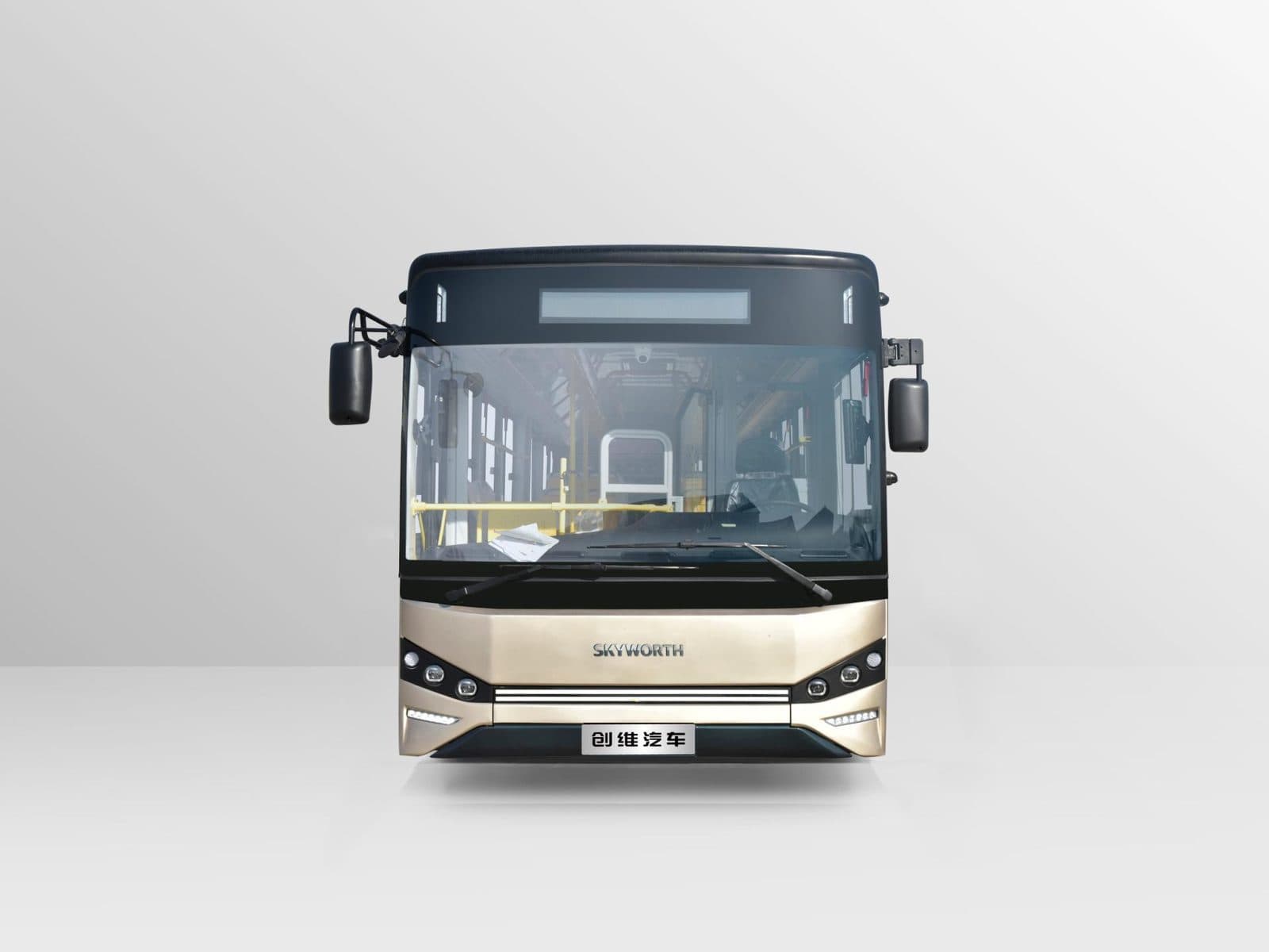 Head-on view of the Skyworth NJL6126EV, with its LED destination sign and panoramic windscreen.