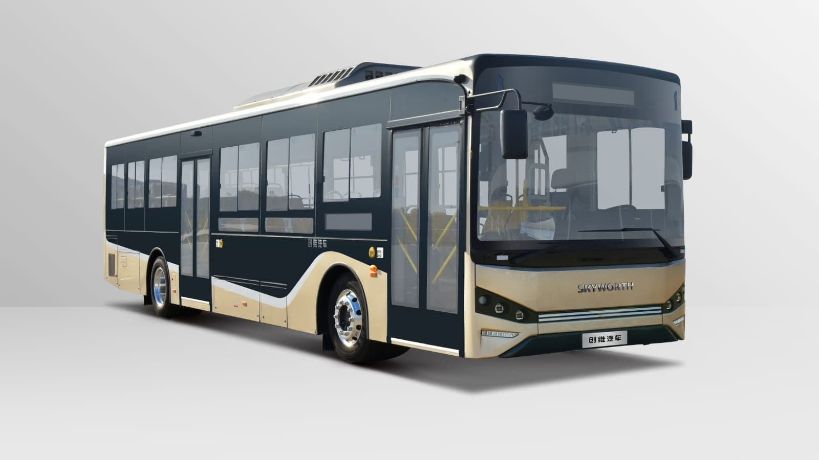 A Skyworth NJL6126EV pure electric city bus in dark green and champagne livery, seen from the front three-quarter.